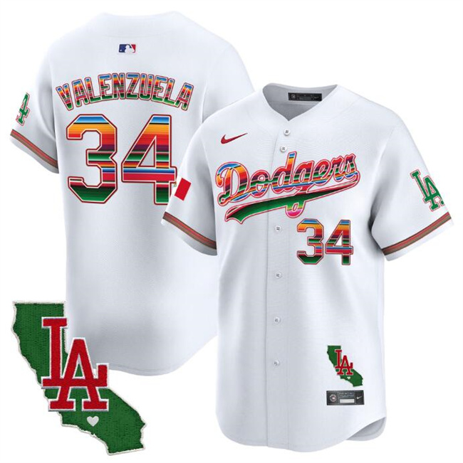Men's Los Angeles Dodgers #34 Fernando Valenzuela White Mexico California Patch Vapor Premier Limited Stitched Baseball Jersey Men's Los Angeles Dodgers #34 Fernando Valenzuela White Mexico California Patch Vapor Premier Limited Stitched Baseball Jersey